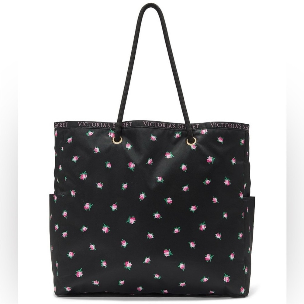 Victoria secret reversible tote black floral pink stripe